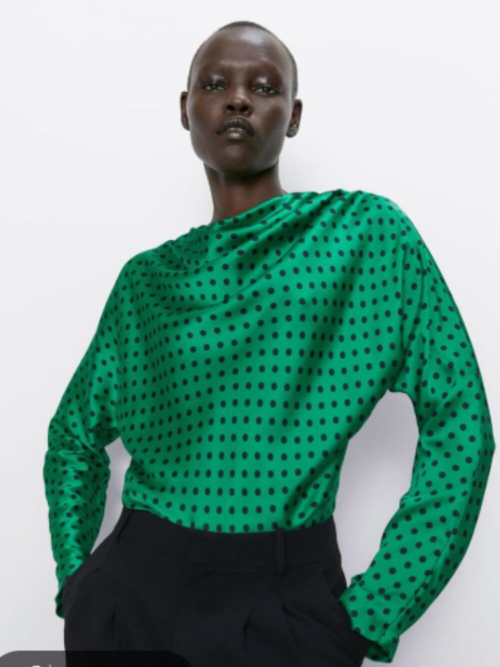 Zara Emerald Green Long-Sleeve Polka Dot Blouse size Small